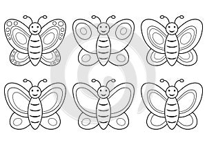 Butterfly outline icon set. Happy butterflies line collection. Coloring book for children. Vector illustration isolated on white