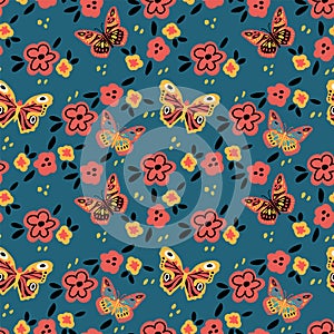 Butterfly pattern with flowers. Cute moths and moths on a background of flowers. Poster texture with moth, silkworm, mol, cutworm