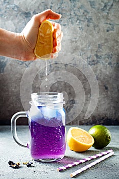 Butterfly pea flower blue iced tea or lemonade. Healthy detox herbal drink. photo