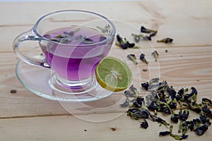 Butterfly pea flower tea with lemon slice