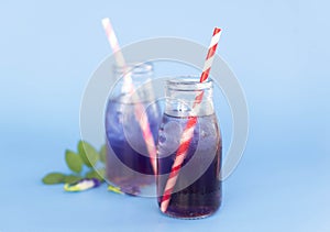 Butterfly pea juce in grass bottle with leaf and flower on light blue background, herb dink for healthy concept