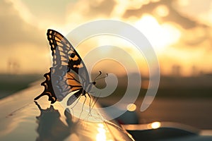 butterfly perched on an airliners wingtip photo
