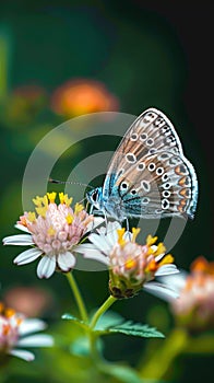 Butterfly perched on Coat buttons flowers, vibrant blooms in focus