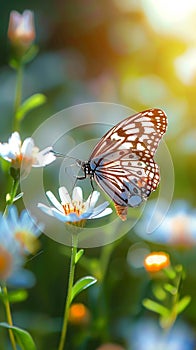 Butterfly perched on Coat buttons flowers, vibrant blooms in focus