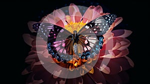 Butterfly on pink flower with black background