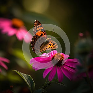 Butterfly on Pink Flower at Golden Hour