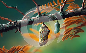 Butterfly pupa on a branch. Butterfly larva. Butterfly caterpillar