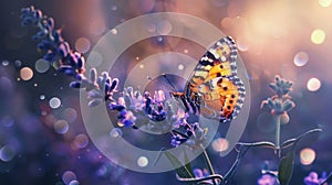 Butterfly on purple flower in detail, side-lit beauty, blurred bokeh