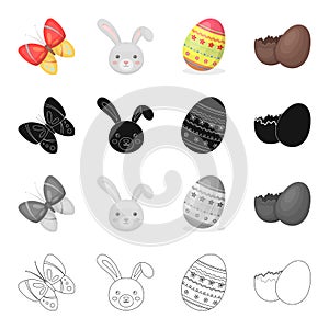 Butterfly, rabbit face, Easter egg, chocolate shell. Easter set collection icons in cartoon black monochrome outline