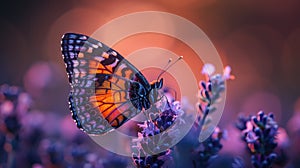 Butterfly Resting on Lavender Flowers at Sunset, Macro Shot.