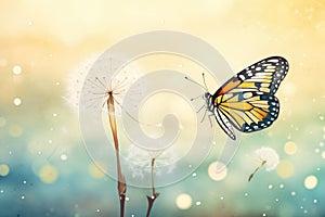 butterfly resting on a wild dandelion with seeds blowing away