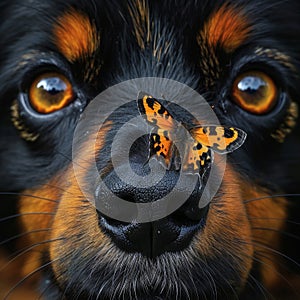 A butterfly rests on the snout of a watchful dog, their eyes reflecting an understanding beyond words. The contrast of