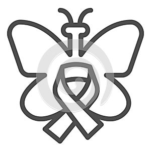 Butterfly and Ribbon line icon, World cancer day concept, Breast cancer support poster sign on white background