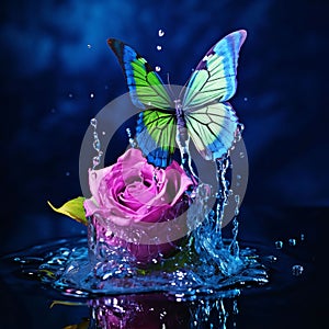 Butterfly and rose in water with splash on dark blue background