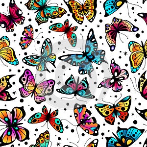 Butterfly seamless pattern. Cute colorful butterflies, beautiful insects retro spring design. Fabric ornament, wallpaper