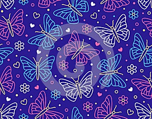 Butterfly seamless pattern. Flying insects with flowers, hearts background, cute butterflies flat line icons for kids
