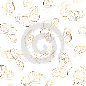 Butterfly seamless pattern. Insect wings flight. Shiny golden outline on white background. Detailed line drawing.