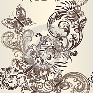 Butterfly seamless vector pattern with ornament