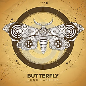 Butterfly silhouette with gears on old paper texture background. Punk style.