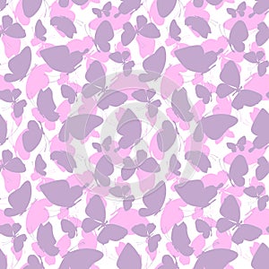 Butterfly silhouettes in purple and pink. Simple animalistic, seamless pattern. Illustration for decoration and design