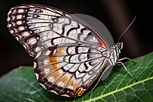 a butterfly sitting on a green leaf. Generative Ai