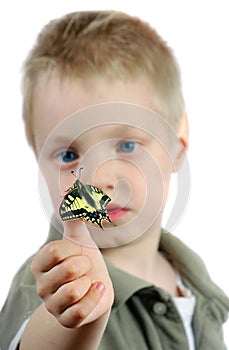 Butterfly sitting on the hand of a child. Child with a butterfly. Selective focus.