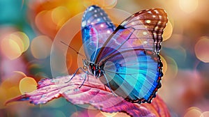 A butterfly sitting on a leaf with colorful bokeh background, AI