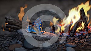 a butterfly sitting on a rock in front of a fire pit with rocks and logs around it and a fire burning in the distance behind it