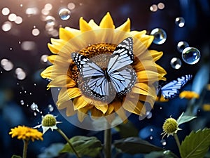 A butterfly is sitting on sunflower around bubbles