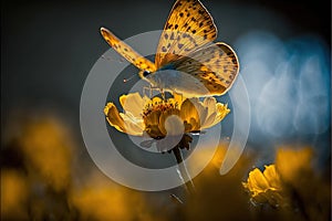 a butterfly is sitting on a yellow flower with a blue background and a dark sky in the background with clouds