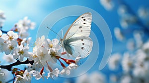 Butterfly on spring flower in morning sunlight, soft focus macro background, easter spring nature