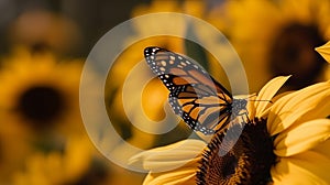 Butterfly In Sunflower Garden - Bokah Background AI Photograph Image