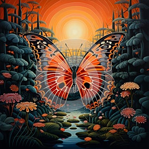 Butterfly In Sunset: Mysterious Jungle Of Chromatic Landscape
