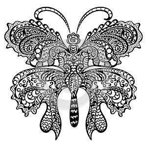 Butterfly with swirling decorative ornament.