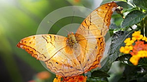 gracious butterfly with wide orange wings about to fly away, macro photo of this elegant and fragile Lepidoptera photo