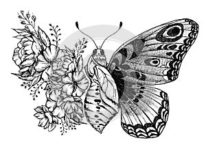 Butterfly tattoo design with flowers. Butterfly birth.
