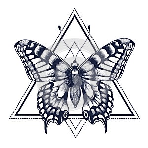 Butterfly tattoo. Dotwork tattoo. Graphic arts. Butterfly in triangle, geometry. Mystical symbol of freedom, nature, air