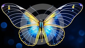 Butterfly with transparent blue yellow wings and magic lights