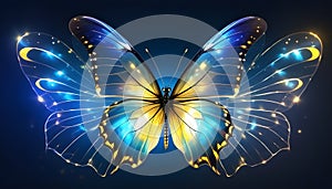 Butterfly with transparent blue yellow wings and magic lights