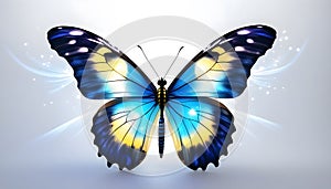 Butterfly with transparent blue yellow wings and magic lights