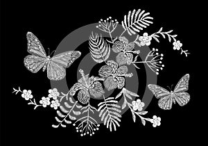 Butterfly tropical embroidery flower arrangement. Exotic palm plant blossom summer jungle. Fashion print textile patch. Hawaii hib