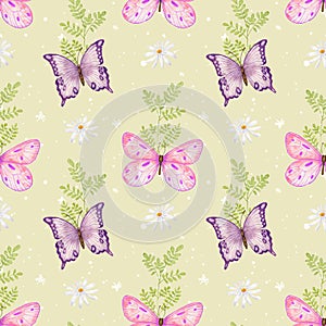 Butterfly. Watercolor seamless pattern with Pink and Green Butterfly and Chamomile flowers. The wild nature