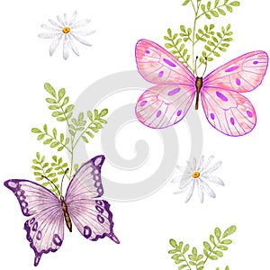 Butterfly. Watercolor seamless pattern with Pink and Green Butterfly and Chamomile flowers. The wild nature