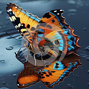 Butterfly on a wet glass surface with drops of water