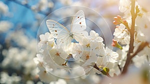 Butterfly on white spring flower in morning sunlight, soft focus macro background