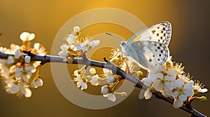 Butterfly on white spring flower in morning sunlight soft focus macro easter nature background