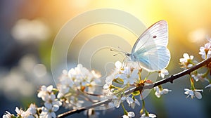 Butterfly on white spring flower in sunlight, soft focus macro background of easter spring nature