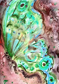 Butterfly wing, abstract green and brown watercolor