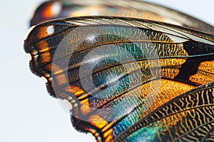 A butterfly wing with a blue and orange pattern