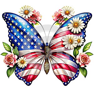 A butterfly with wings adorned in the pattern of the American flag white flowers